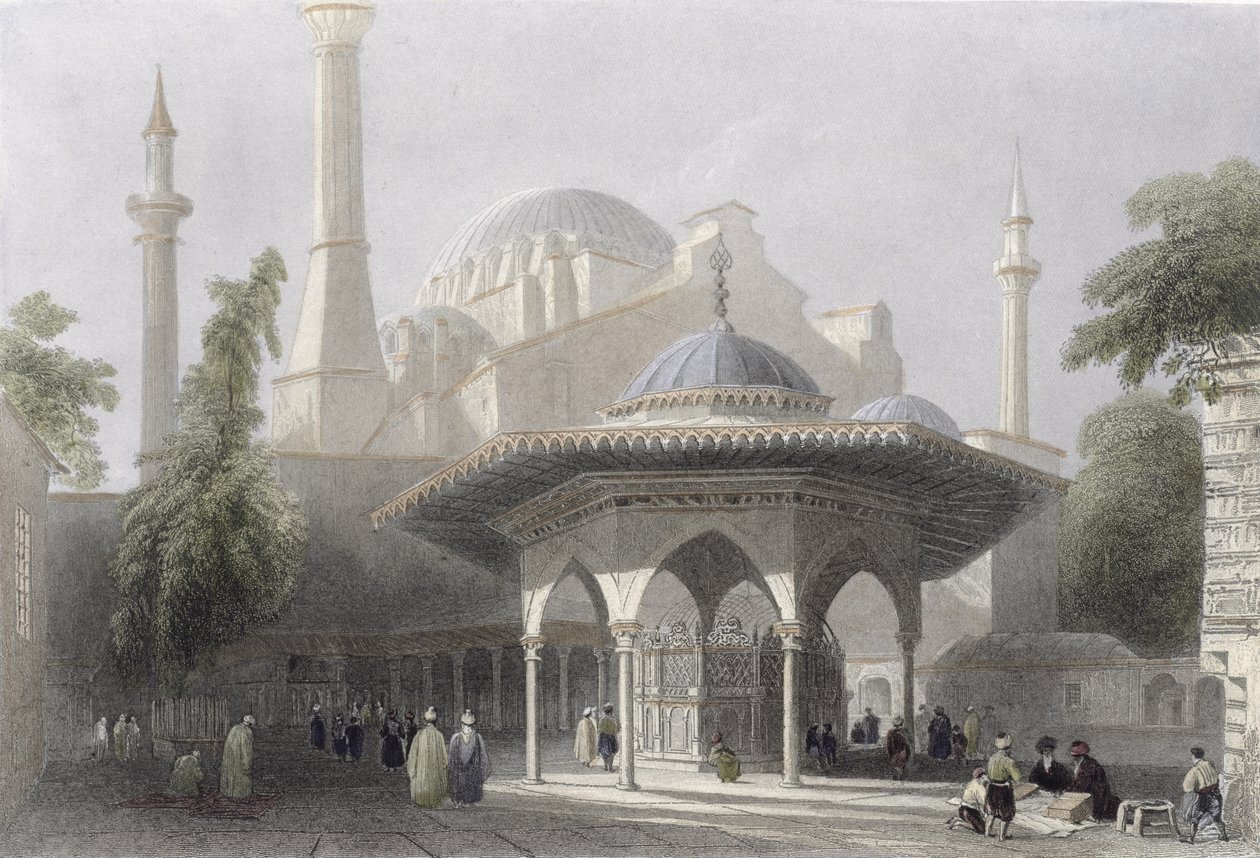 A Szent Szophia udvara és szökőkútja, Isztambul, metszet: J. Redaway, 1850 körül (aquatinta) alkotó: William Henry Bartlett