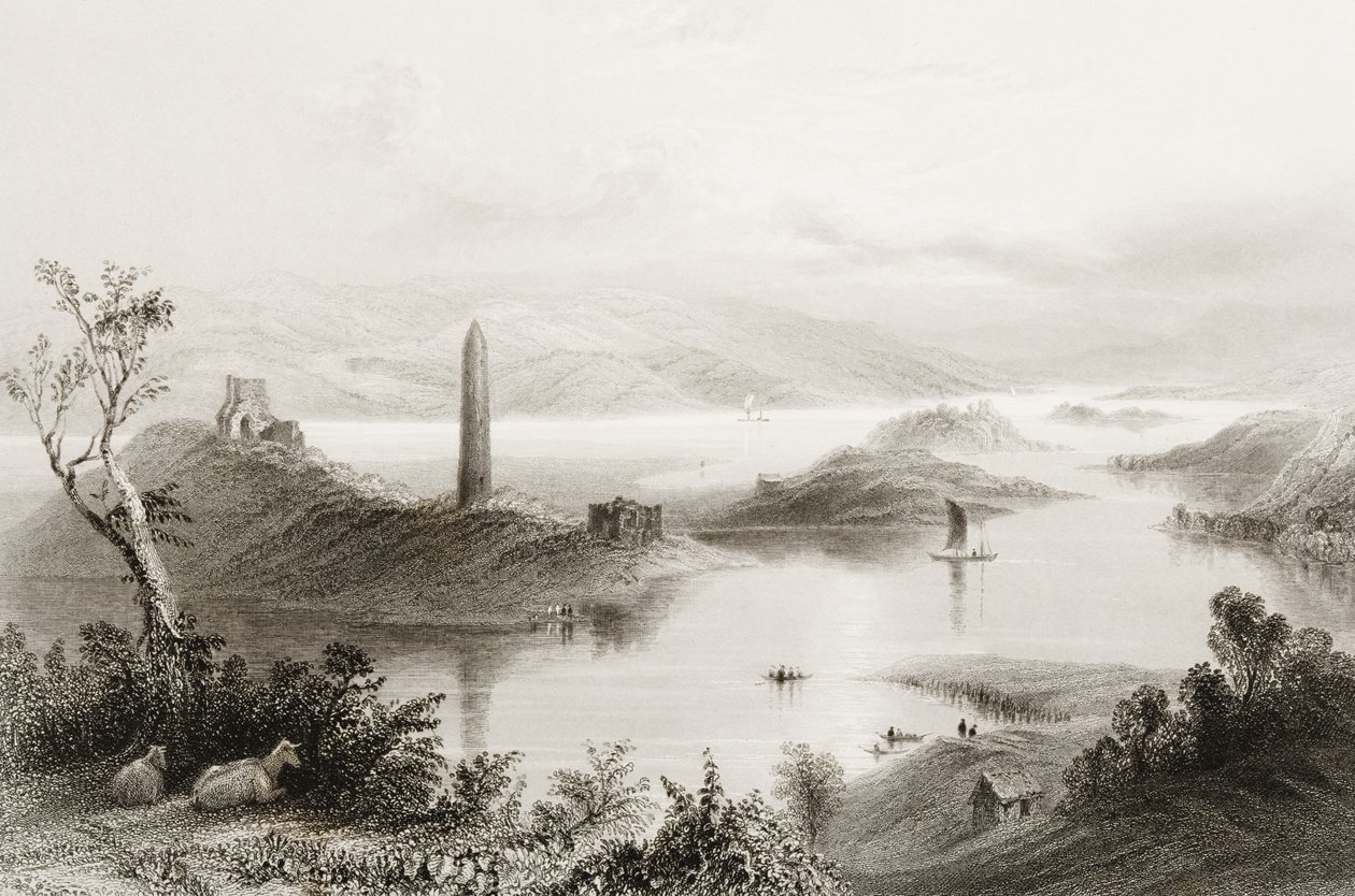 Devenish-sziget, Fermanagh megye, Írország, George Virtue „Scenery and Antiquities of Ireland” című művéből, 1860-as évek alkotó: William Henry Bartlett