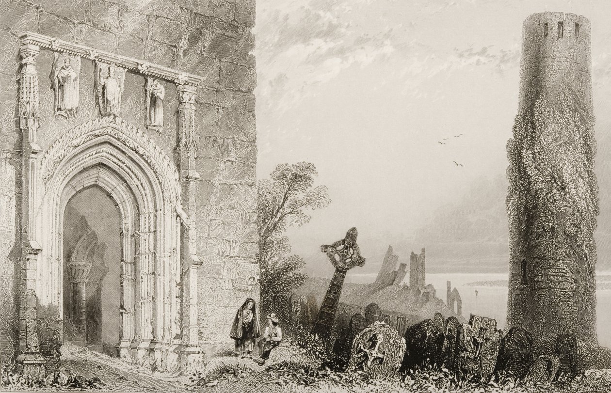 Ajtó a templomhoz, Clonmacnois, Offaly megye, Írország, George Virtue „Scenery and Antiquities of Ireland” című művéből, 1860-as évek alkotó: William Henry Bartlett