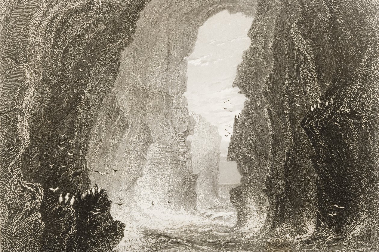 Dunkerry-barlang, Antrim megye, Észak-Írország, George Virtue „Scenery and Antiquities of Ireland” című művéből, 1860-as évek alkotó: William Henry Bartlett