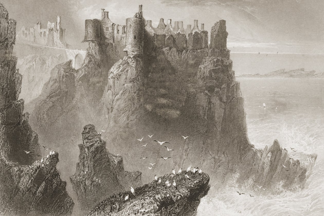 Dunluce Castle, Antrim megye, Észak-Írország, George Virtue "Scenery and Antiquities of Ireland" című művéből, 1860-as évek alkotó: William Henry Bartlett