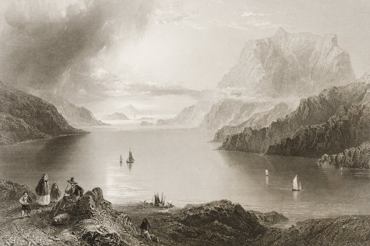 Eagle Mountain, Killeries, Connemara, Galway megye, George Virtue „Scenery and Antiquities of Ireland” című művéből, 1860-as évek alkotó: William Henry Bartlett