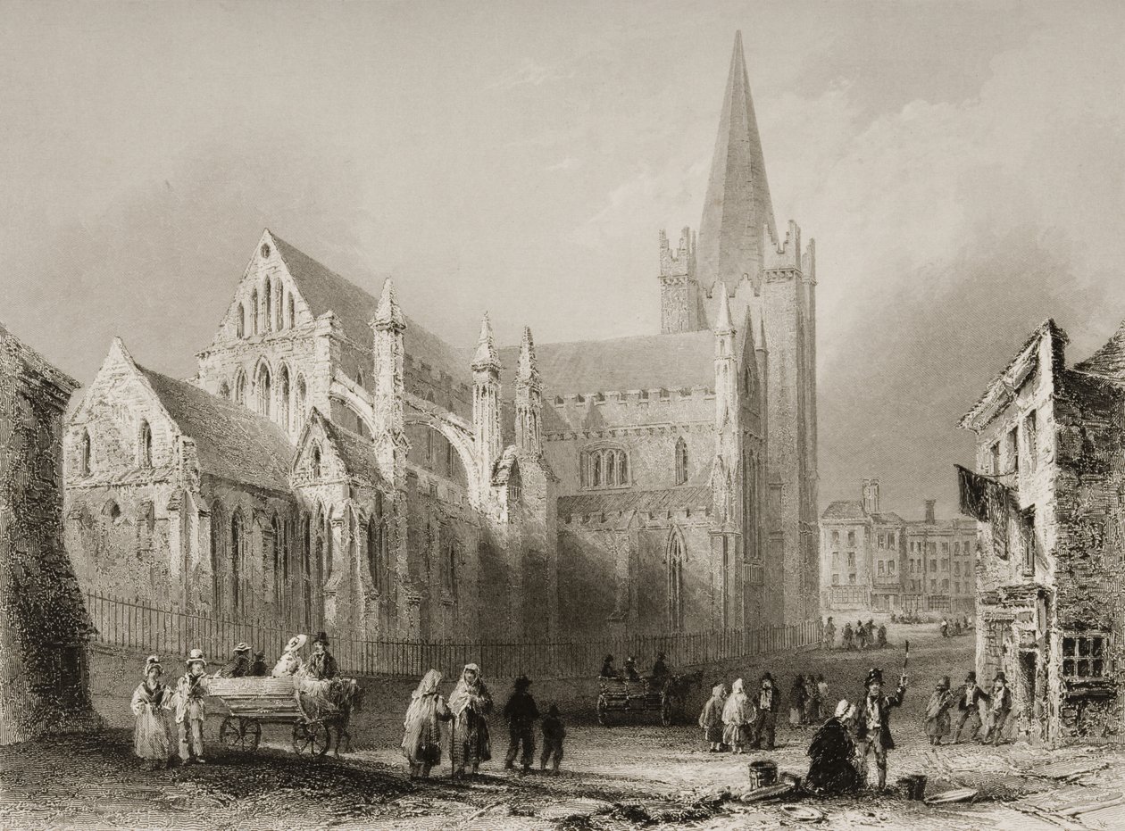 A dublini Szent Patrik katedrális külseje George Virtue „Scenery and Antiquities of Ireland” című művéből, 1860-as évek alkotó: William Henry Bartlett