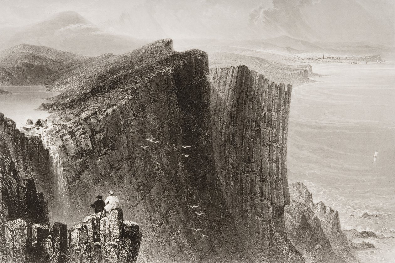 Fairhead, Antrim megye, Észak-Írország, George Virtue „Scenery and Antiquities of Ireland” című művéből, 1860-as évek alkotó: William Henry Bartlett
