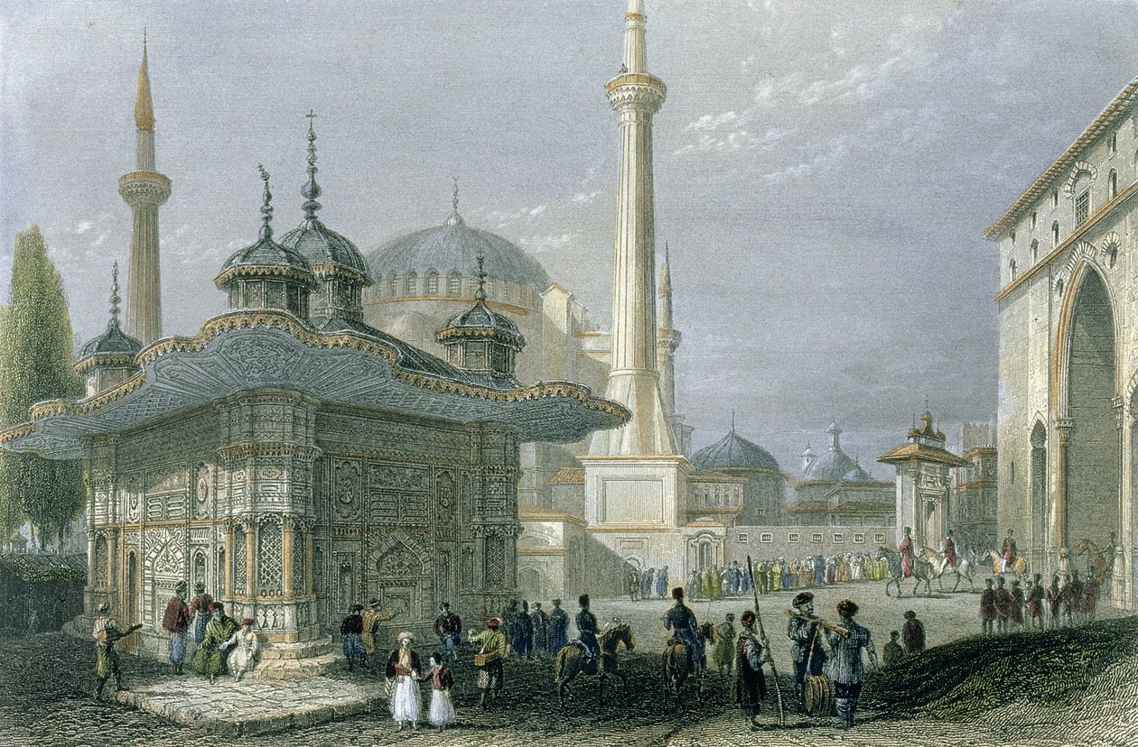 Szökőkút és Szent Szófia tér, Isztambul, T. Higham metszet, 1850 körül (akvatinta) alkotó: William Henry Bartlett
