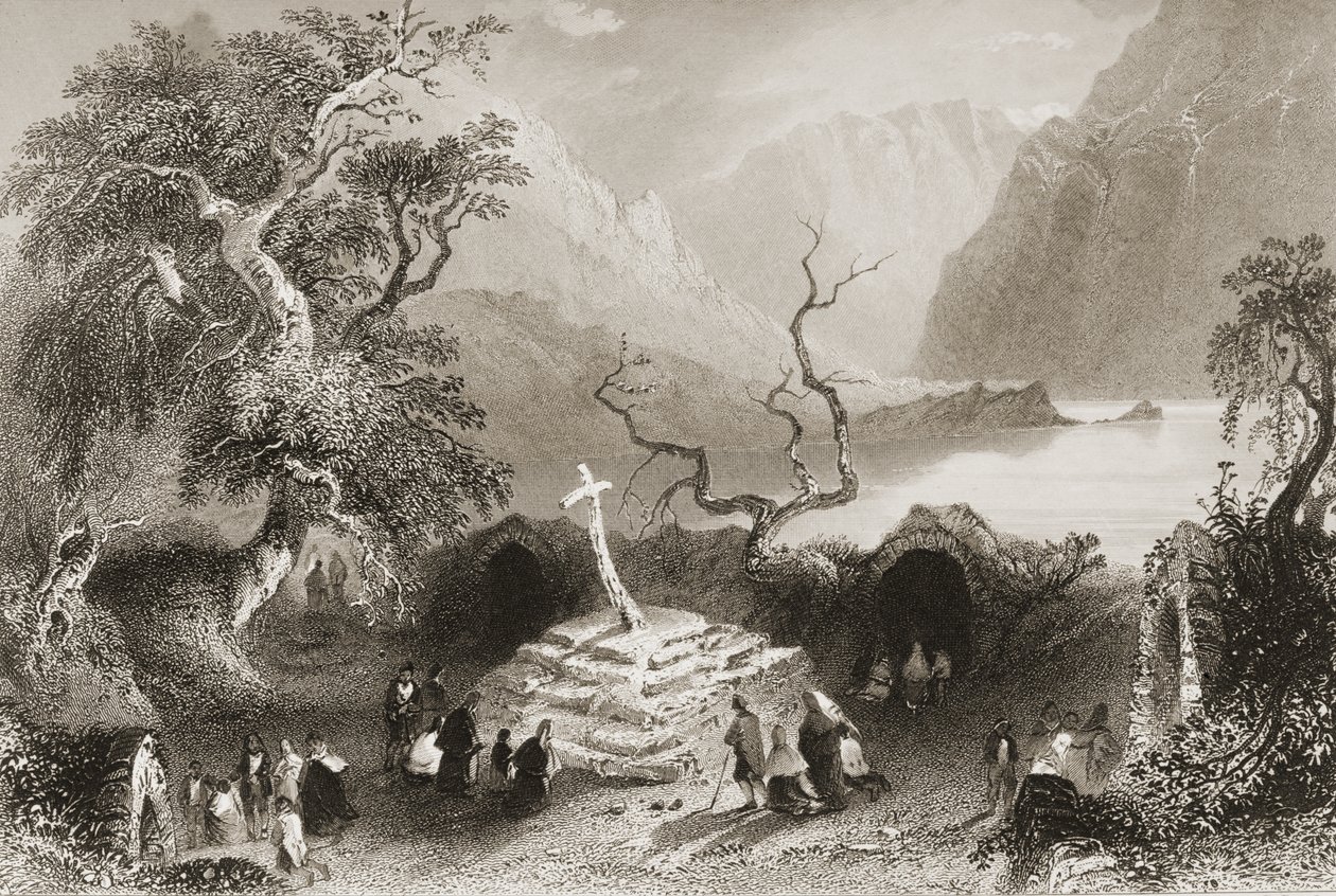 Gougane Barra, Cork megye, Írország, George Virtue „Scenery and Antiquities of Ireland” című művéből, 1860-as évek alkotó: William Henry Bartlett