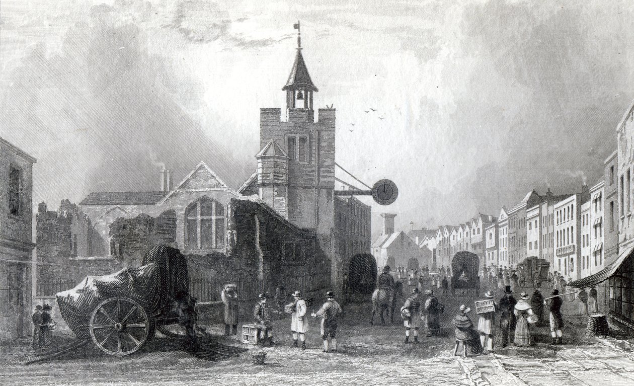 High St. a Szent Miklós-templommal, Colchester, Essex, metszet: Charles Mottram, 1831 (metszet) alkotó: William Henry Bartlett