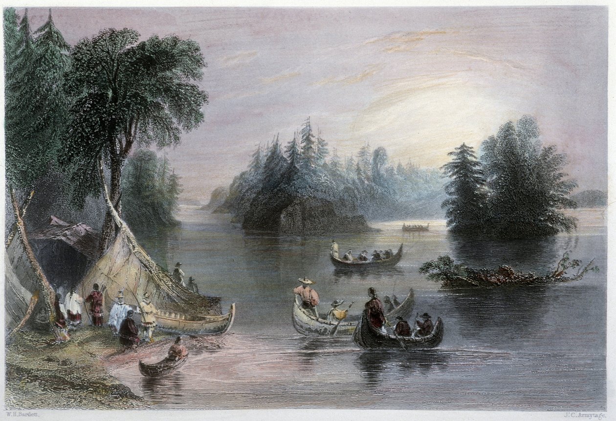 Indiai tipik és kenuk, a St Laurent partjai – a W.H. által illusztrált „kanadai tájképben” Bartlett, London alkotó: William Henry Bartlett