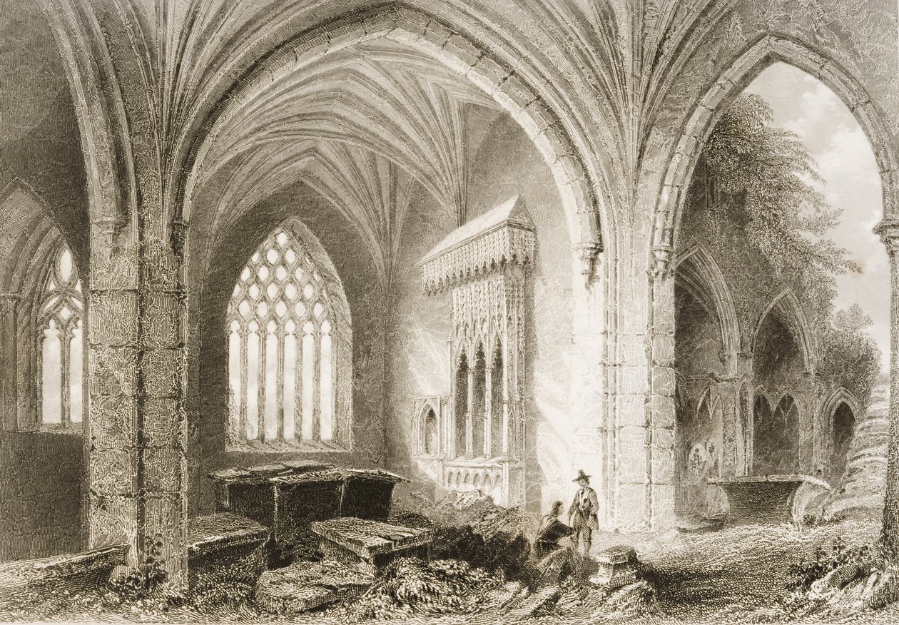 A Holycross Abbey belseje, Tipperary megye, Írország, George Virtue „Scenery and Antiquities of Ireland” című művéből, 1860-as évek alkotó: William Henry Bartlett