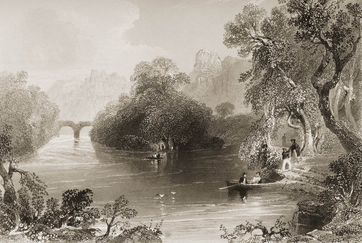 Killarney, Old Weir Bridge, Killarney megye, Írország, George Virtue „Scenery and Antiquities of Ireland” című művéből, 1860-as évek (metszet) alkotó: William Henry Bartlett