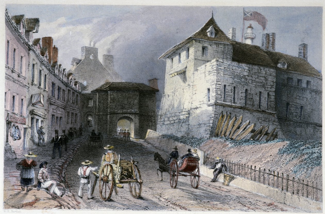 La porte „Priscott Gate” Quebec Cityben, Kanadában – William Henry Bartlett által illusztrált „Kanadai tájképben”, szerk. George Virtue alkotó: William Henry Bartlett