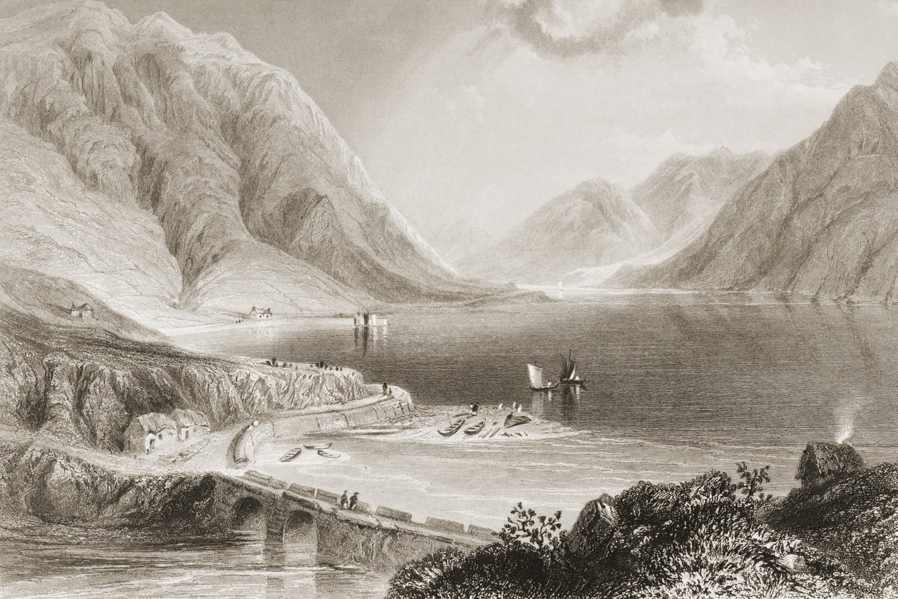 Leenane, Connemara, Galway megye, Írország, George Virtue „Scenery and Antiquities of Ireland” című művéből, 1860-as évek alkotó: William Henry Bartlett