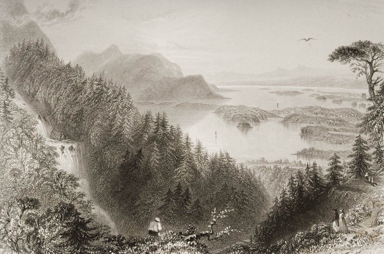Alsó- és Turk-tavak, Killarney megye, Írország, George Virtue „Scenery and Antiquities of Ireland” című művéből, 1860-as évek alkotó: William Henry Bartlett