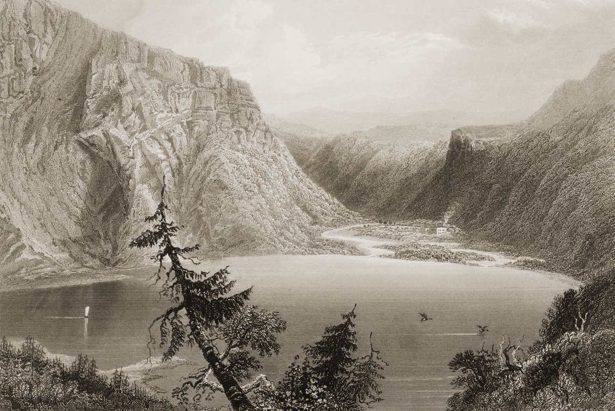 Luggela Lake, Wicklow megye, George Virtue „Scenery and Antiquities of Ireland” című művéből, 1860-as évek alkotó: William Henry Bartlett