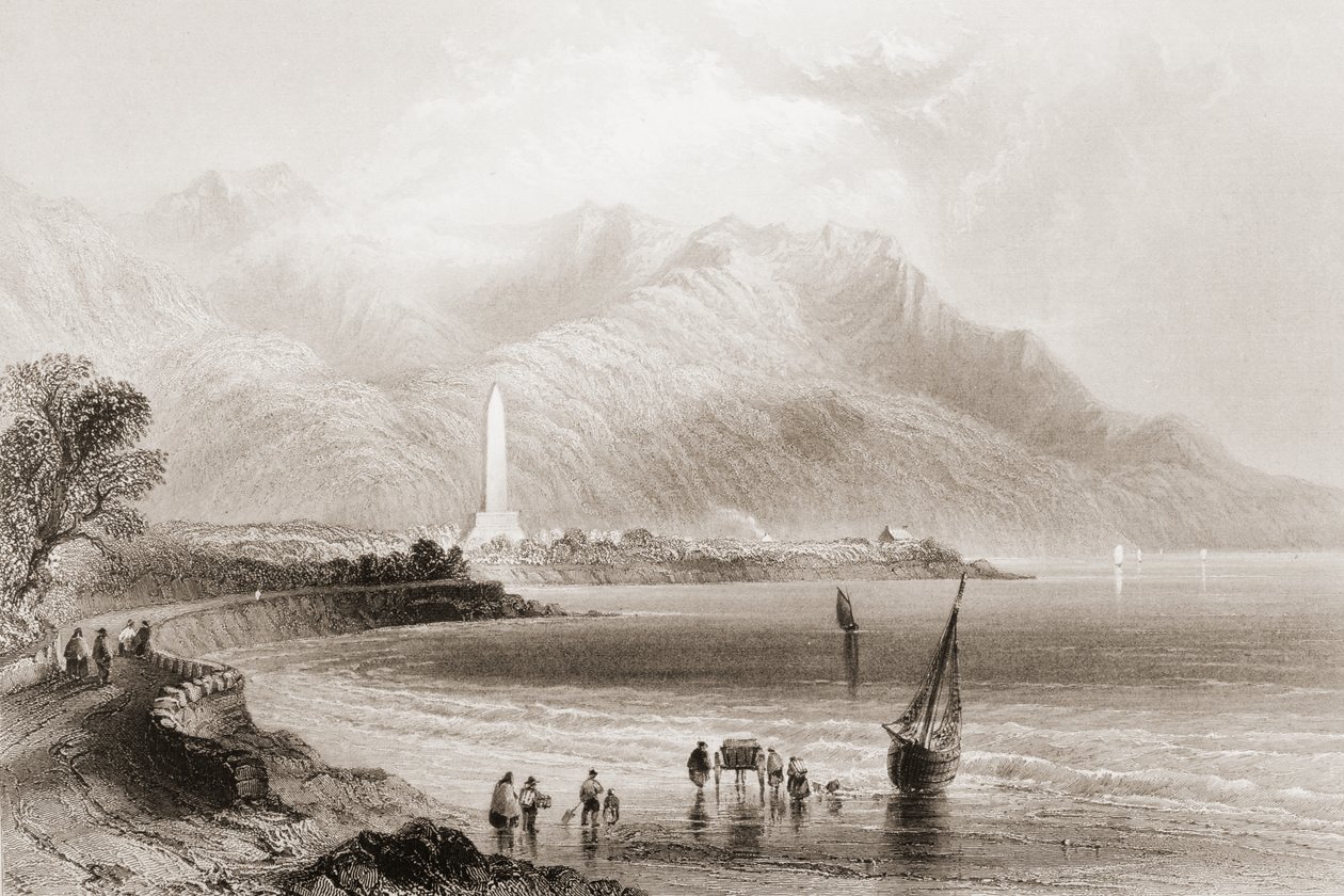 Ross tábornok emlékműve Rosstrevorban, Down megyében, Észak-Írországban, a „Scenery and Antiquities of Ireland” című művéből, George Virtue, 1860-as évek (metszet) alkotó: William Henry Bartlett