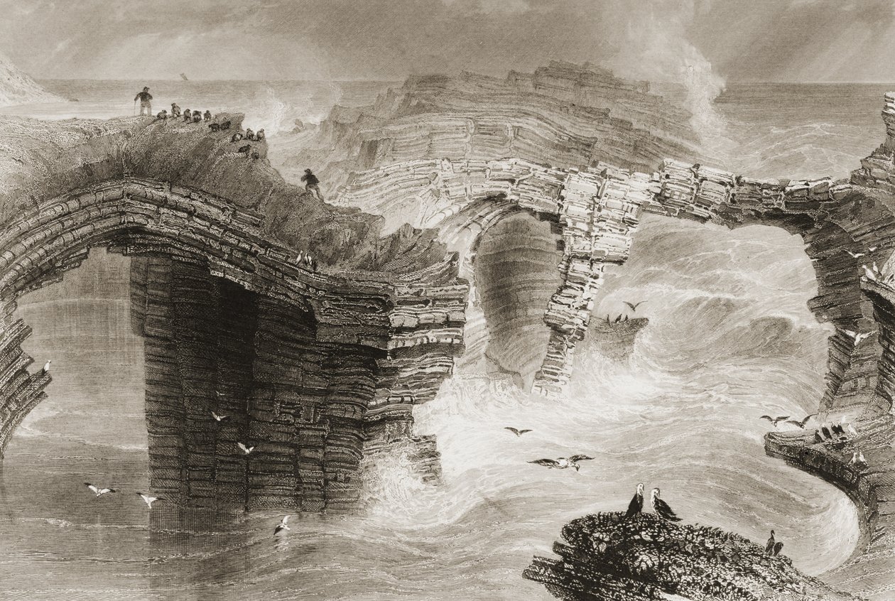 Természetes hidak Kilkee közelében, Clare megyében, Írországban, a „Scenery and Antiquities of Ireland” című filmből George Virtue, 1860-as évek alkotó: William Henry Bartlett