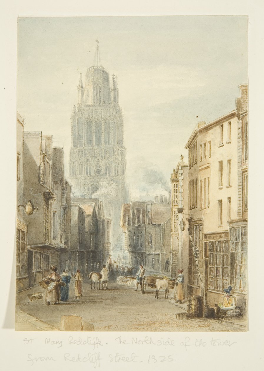 A St Mary Redcliffe templom északi nézete a Redcliffe Street felől alkotó: William Henry Bartlett