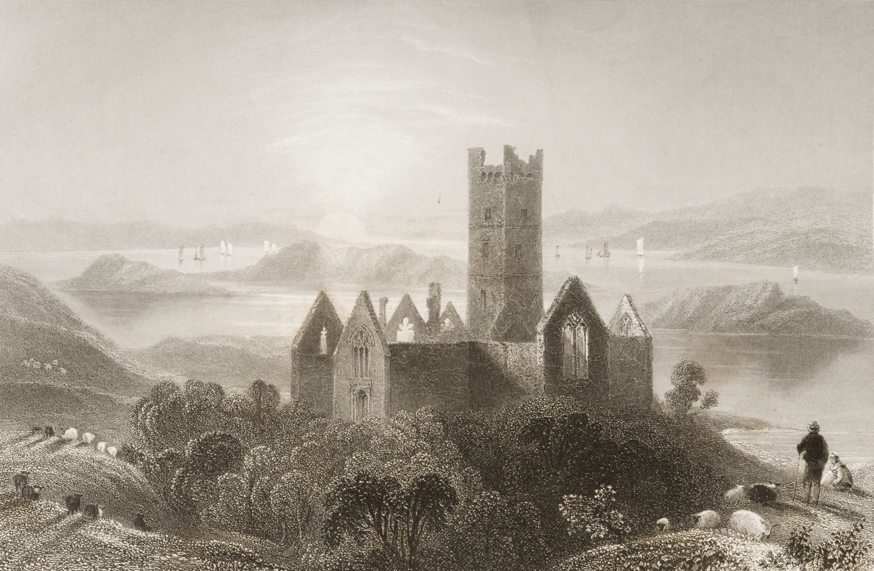 Roserk Abbey, Mayo megye, Írország, George Virtue „Scenery and Antiquities of Ireland” című művéből, 1860-as évek alkotó: William Henry Bartlett