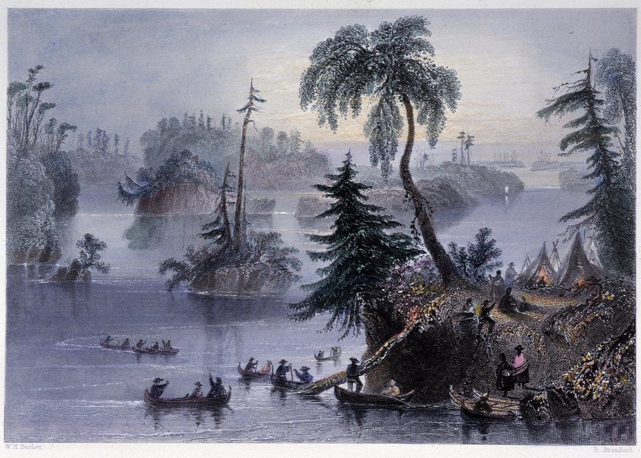 Jelenet az ezer sziget között: tábor és csónakok, Mille îles – Bartlett W. H. által illusztrált „” kanadai tájban. alkotó: William Henry Bartlett
