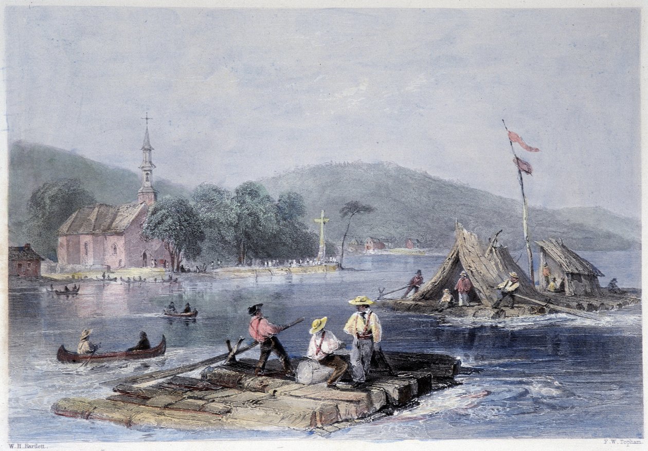 Telepes tutajok és faszállítás a két hegy taván – Bartlett W. H. „” kanadai tájképben. alkotó: William Henry Bartlett