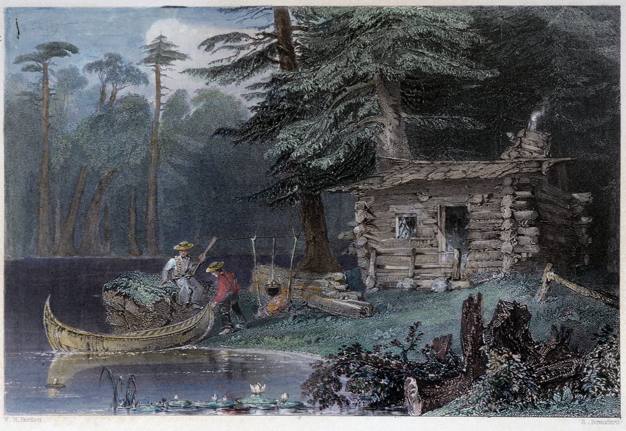 Kis telepesek háza a Chaudière-tónál – „kanadai tájképben, amelyet W.H. Bartlett, London alkotó: William Henry Bartlett