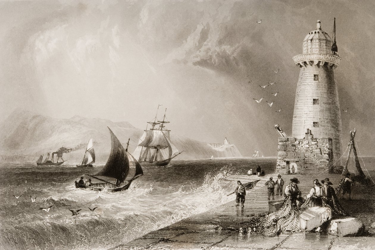 South Wall világítótorony Howth Hillnel a távolban, Dublin, a „Scenery and Antiquities of Ireland”, George Virtue, 1860-as évek alkotó: William Henry Bartlett