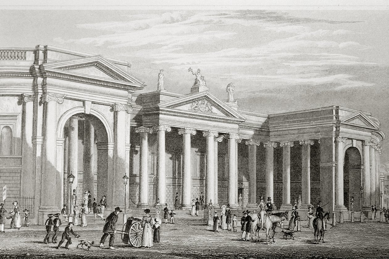 A Bank of Ireland, Dublin, 1729-ben épült, George Virtue „Scenery and Antiquities of Ireland” című művéből, 1860-as évek alkotó: William Henry Bartlett