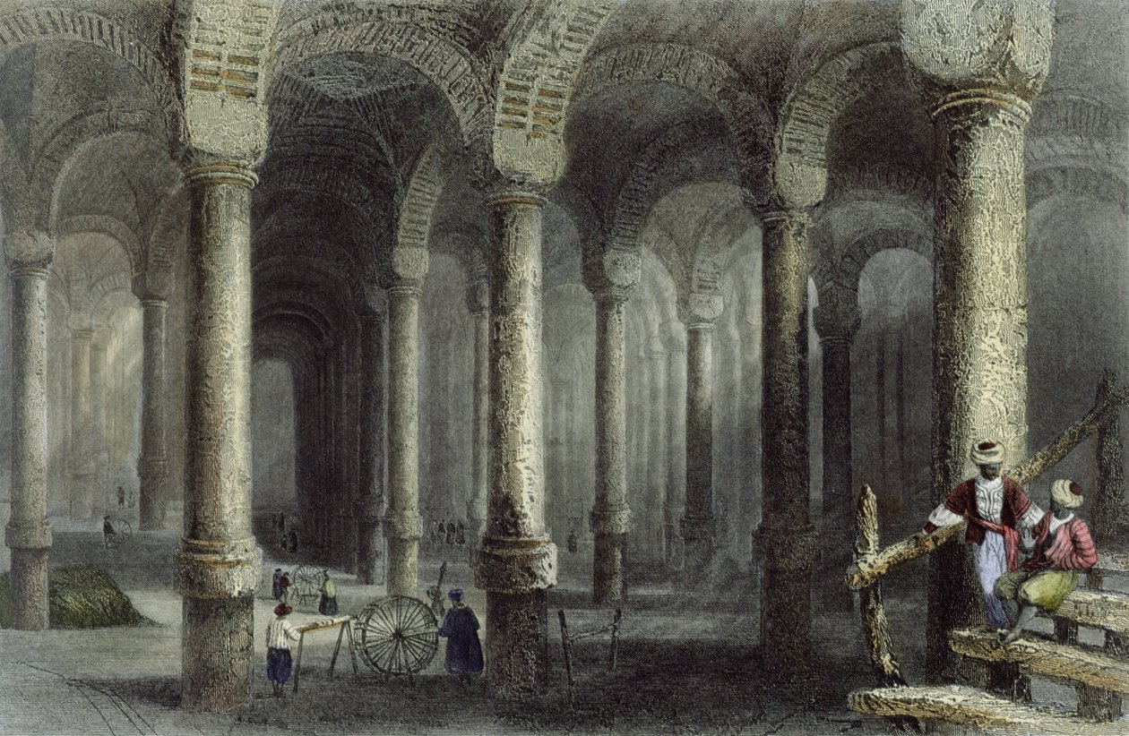 A Bin-Veber-Direg ciszterna, vagy az Ezeregy, Isztambul, metszet: J. Carter, 1850 körül (aquatinta) alkotó: William Henry Bartlett