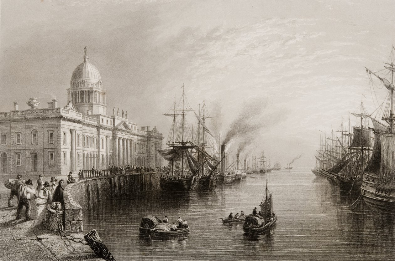 The Custom House, Dublin, George Virtue „Scenery and Antiquities of Ireland” című művéből, 1860-as évek alkotó: William Henry Bartlett