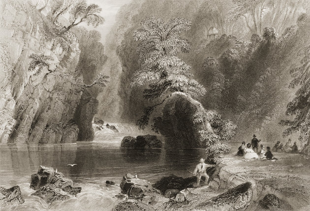 A Dargle folyó, Wicklow megye, George Virtue „Scenery and Antiquities of Ireland” című művéből, 1860-as évek alkotó: William Henry Bartlett