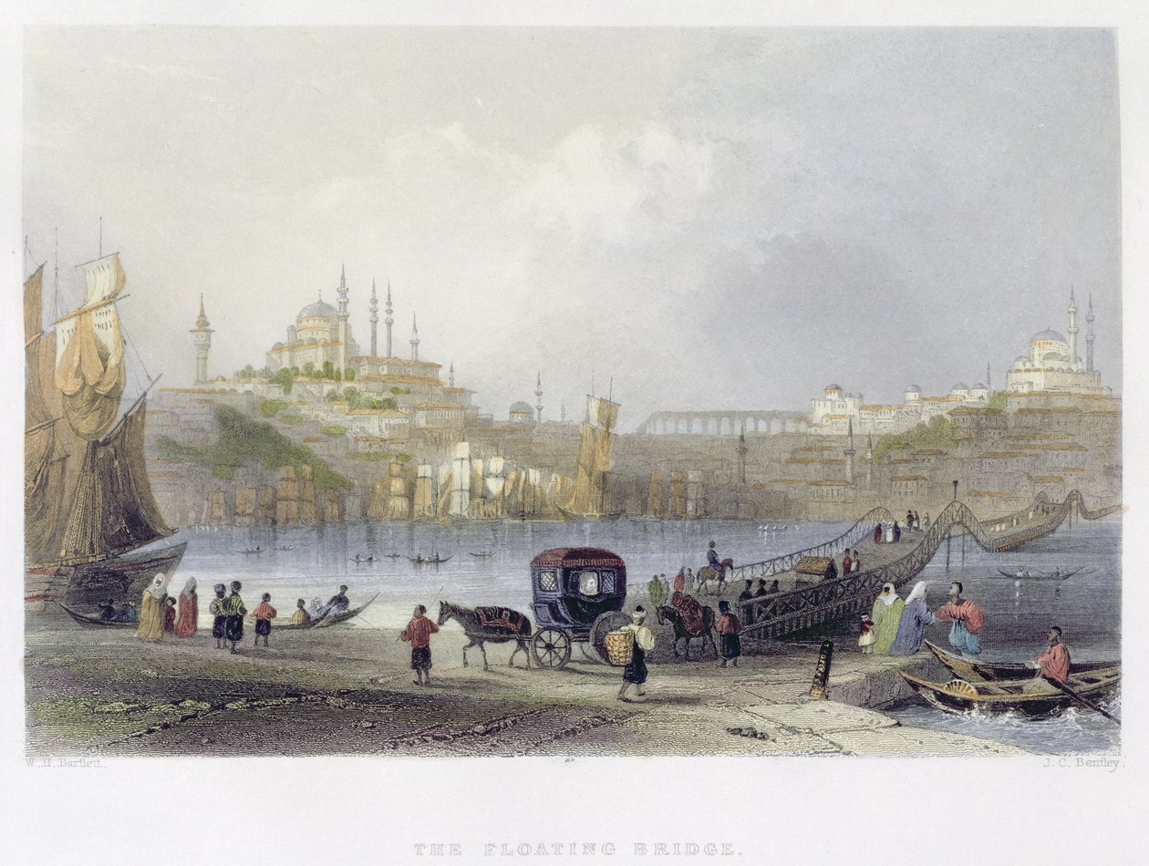 Az úszó híd, Isztambul, J.C. Bentley metszete, 1850 körül (aquatinta) alkotó: William Henry Bartlett