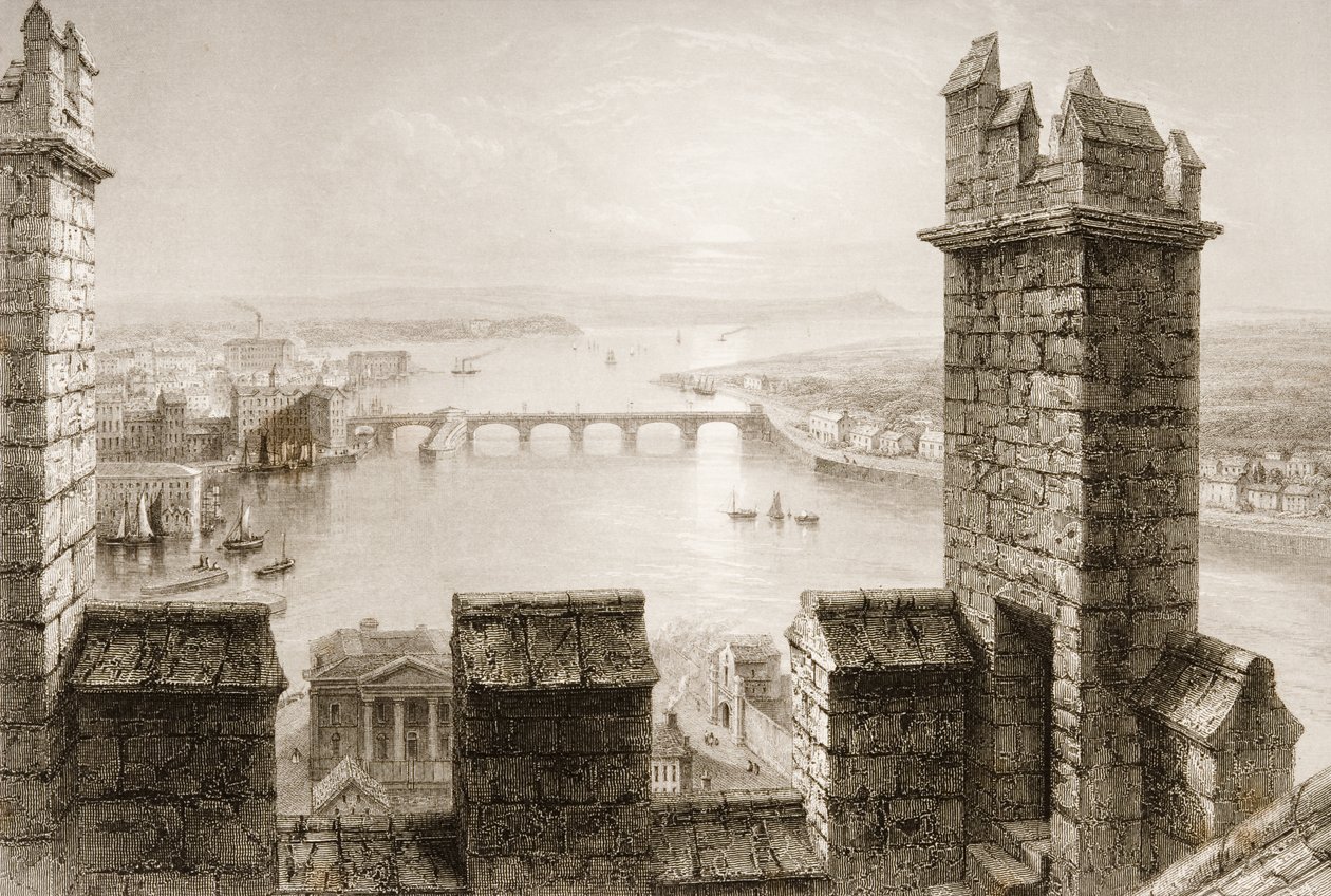 Shannon és Limerick folyó a katedrális toronyból, Limerick megye, George Virtue „Scenery and Antiquities of Ireland” című művéből, 1860-as évek alkotó: William Henry Bartlett