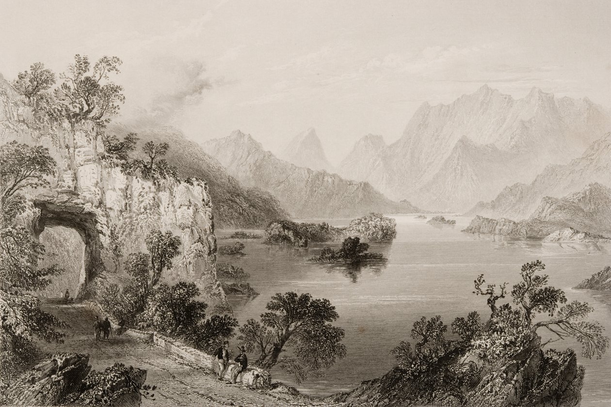 The Upper Lake Killarney-ban, Killarney megye, Írország, George Virtue „Scenery and Antiquities of Ireland” című művéből, 1860-as évek alkotó: William Henry Bartlett