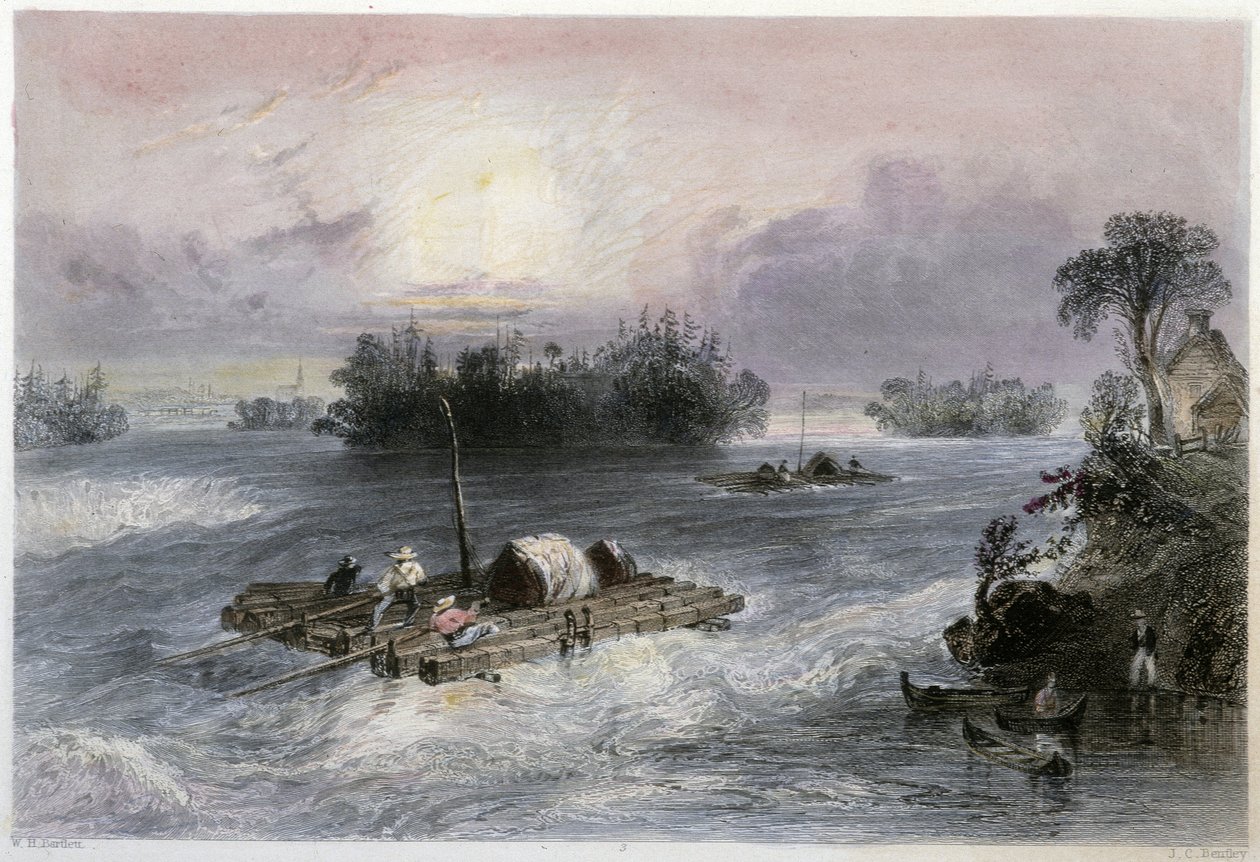 Fa és Rapids szállítása Cedars falujába – Bartlett W. H. „” kanadai tájképben illusztrálva. alkotó: William Henry Bartlett