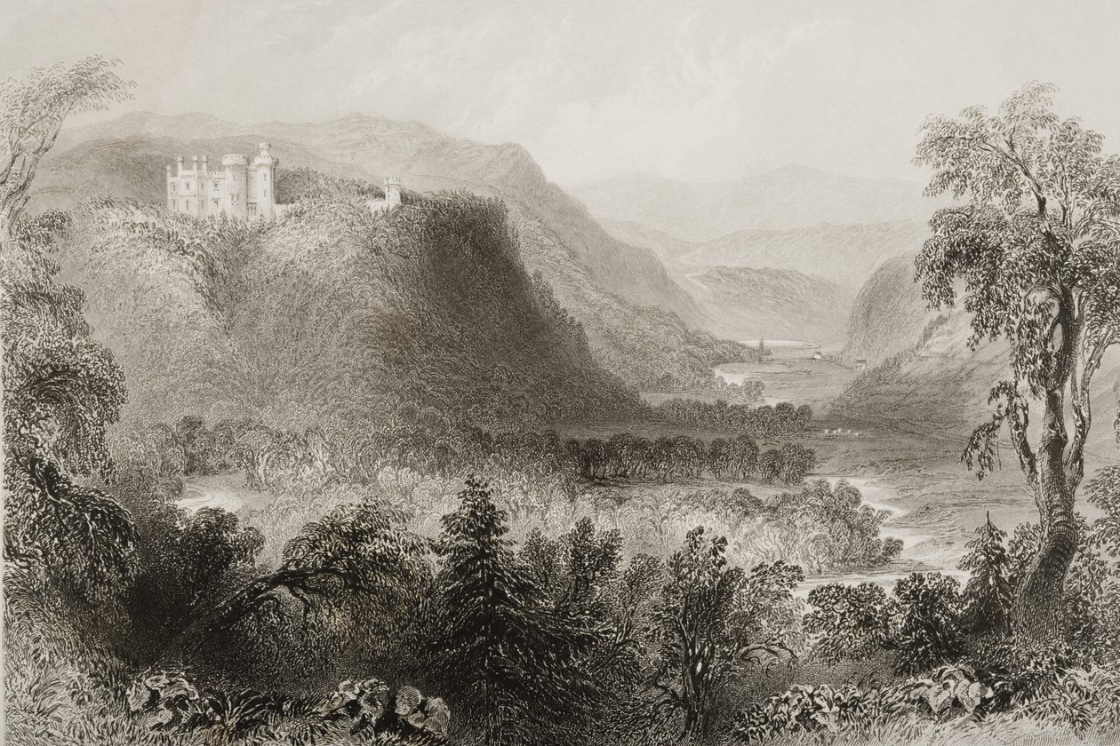 Vale of Avoca, Wicklow megye, Írország, George Virtue „Scenery and Antiquities of Ireland” című művéből, 1860-as évek alkotó: William Henry Bartlett