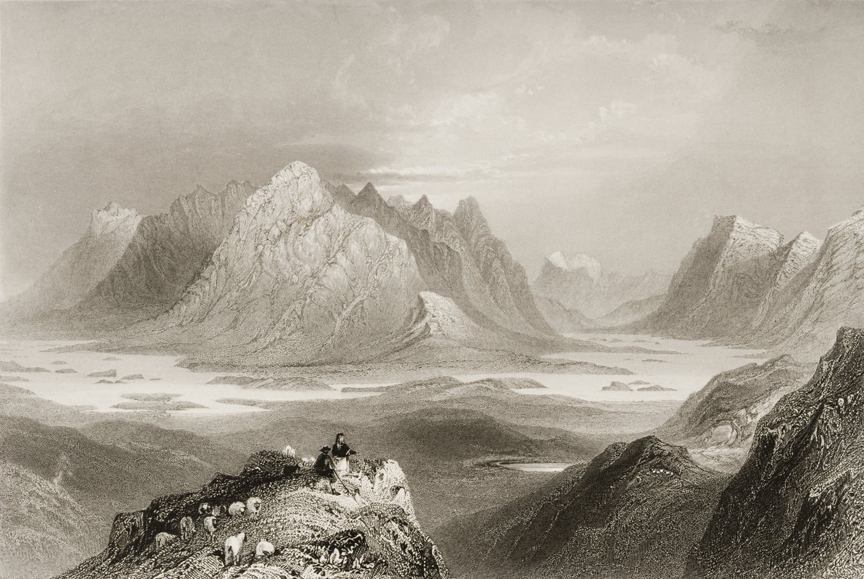 Kilátás a Cloonacartin Hillről, Connemara, Galway megye, George Virtue „Scenery and Antiquities of Ireland” című filmjéből, 1860-as évek alkotó: William Henry Bartlett