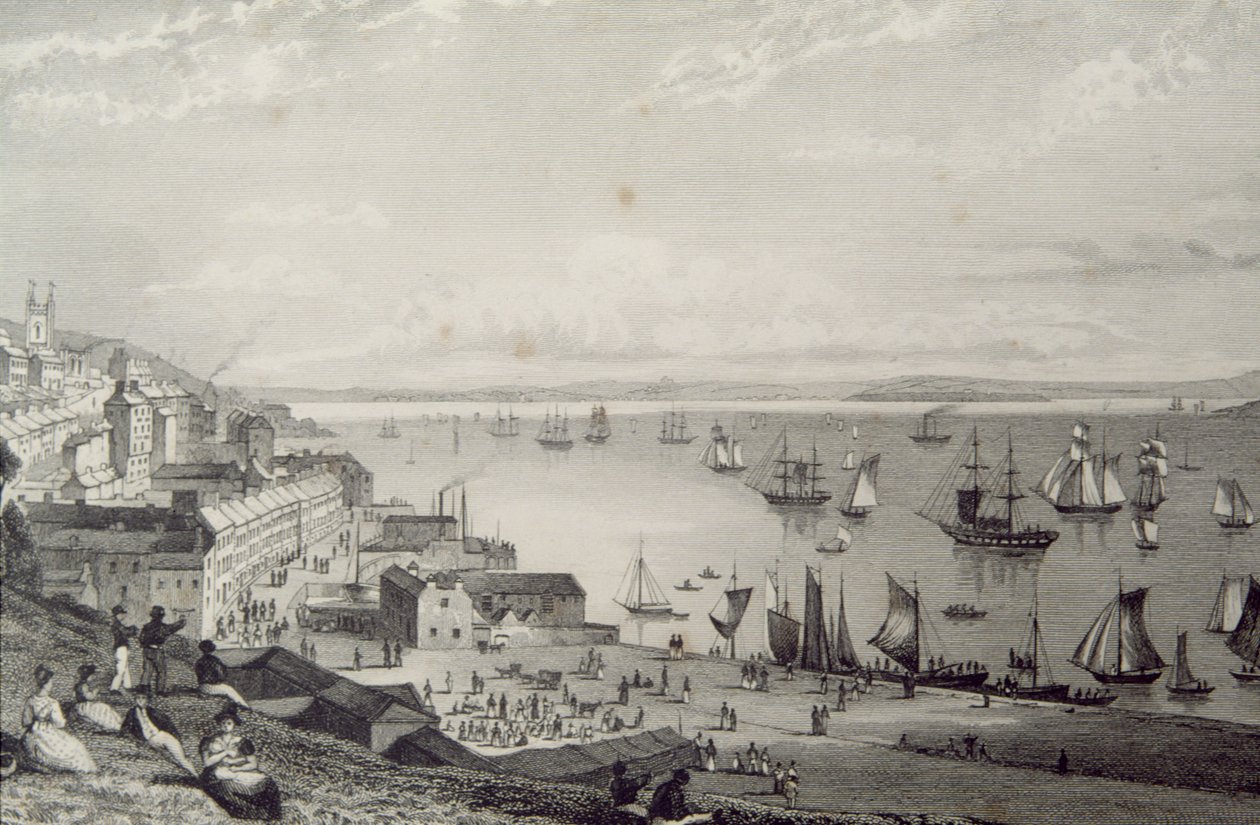 Cobh kikötő képe Rostellan felé, Cork megye, Írország az 1830-as években, George Virtue „Scenery and Antiquities of Ireland” című művéből, 1860-as évek alkotó: William Henry Bartlett