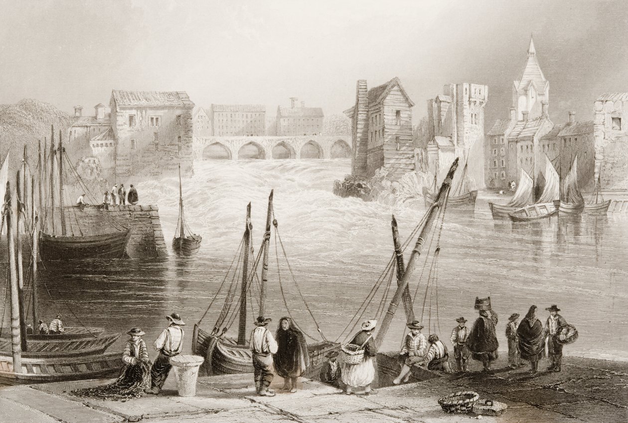 Galway kilátása a Claddagh-ból, Galway megye, Írország, George Virtue „Scenery and Antiquities of Ireland” című művéből, 1860-as évek alkotó: William Henry Bartlett