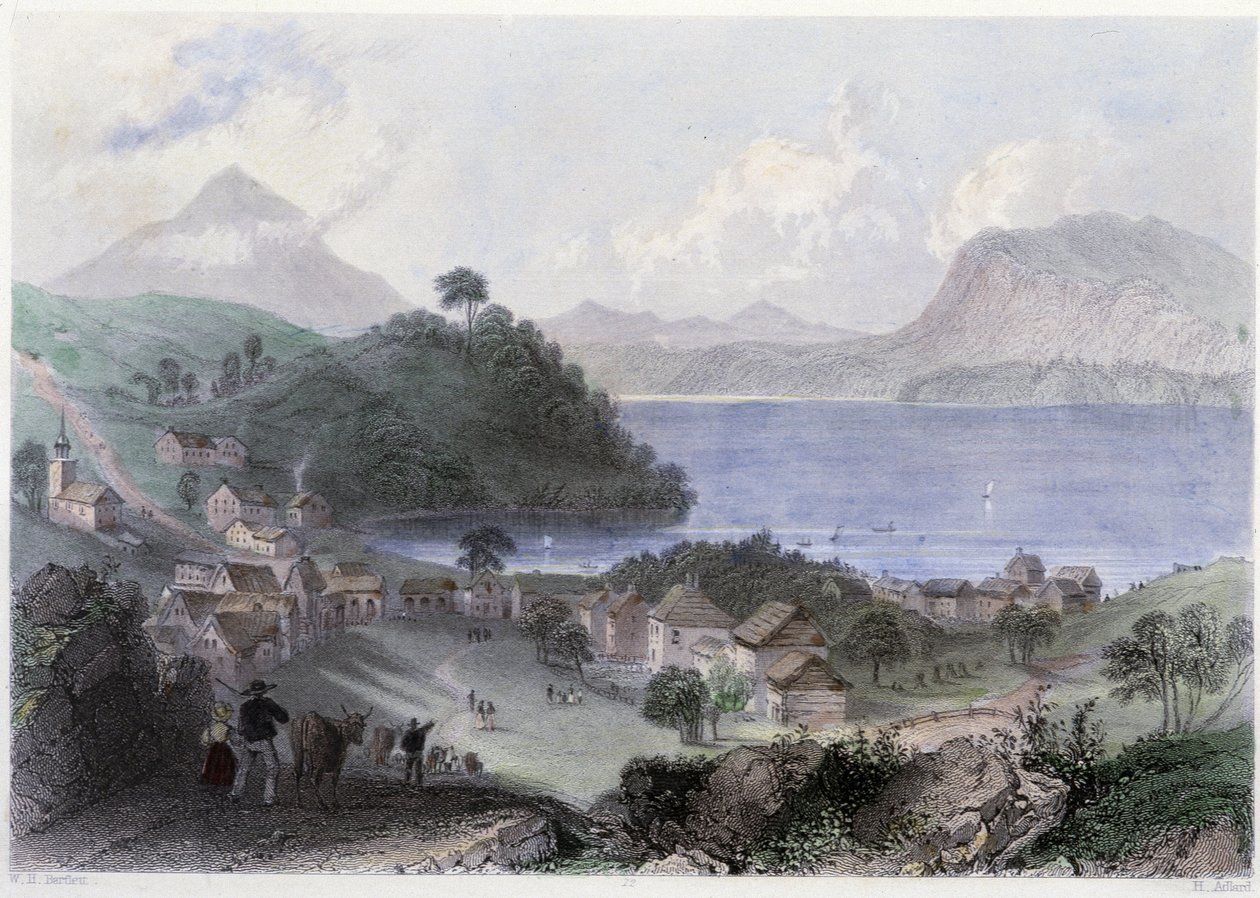 Kilátás Georgeville-ről és taváról – William Henry Bartlett által illusztrált „kanadai tájképben”, szerk. George Virtue alkotó: William Henry Bartlett