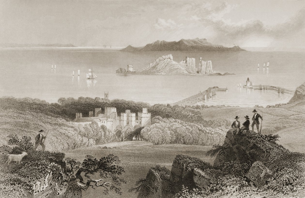 Kilátás a Howth kastélyra, Dublin megyében, Írországban, George Virtue „Scenery and Antiquities of Ireland” című művéből, 1860-as évek alkotó: William Henry Bartlett