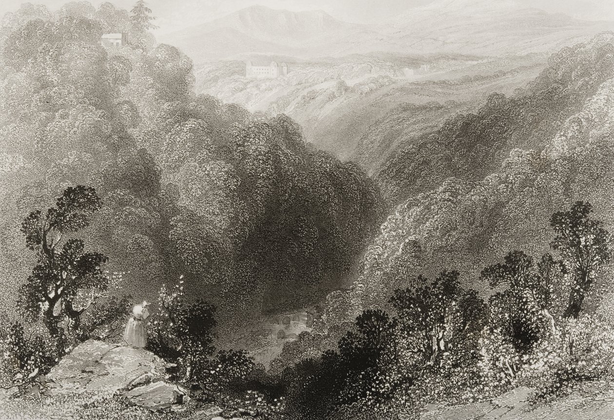 Powerscourt képe a Dargle-ből, Wicklow megyében, George Virtue „Scenery and Antiquities of Ireland” című művéből, 1860-as évek alkotó: William Henry Bartlett