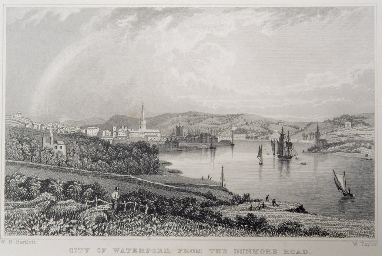 Waterford kilátása a Dunmore Roadról, Írország, W. Taylor metszetével alkotó: William Henry Bartlett