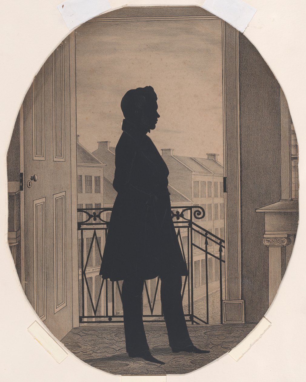 Egy fiatal férfi sziluettje nyitott ablak előtt, jobbra néz, 1860 előtt. alkotó: William Henry Brown