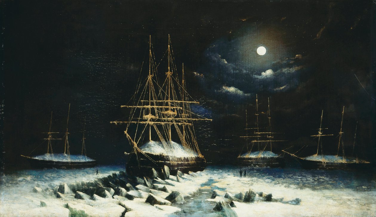 A brit haditengerészet Franklin-kutató expedíciója: H.M.S Resolute, Assistance, Intrepid and Pioneer telel az Északi-sarkon, 1850-51 alkotó: William Henry Browne