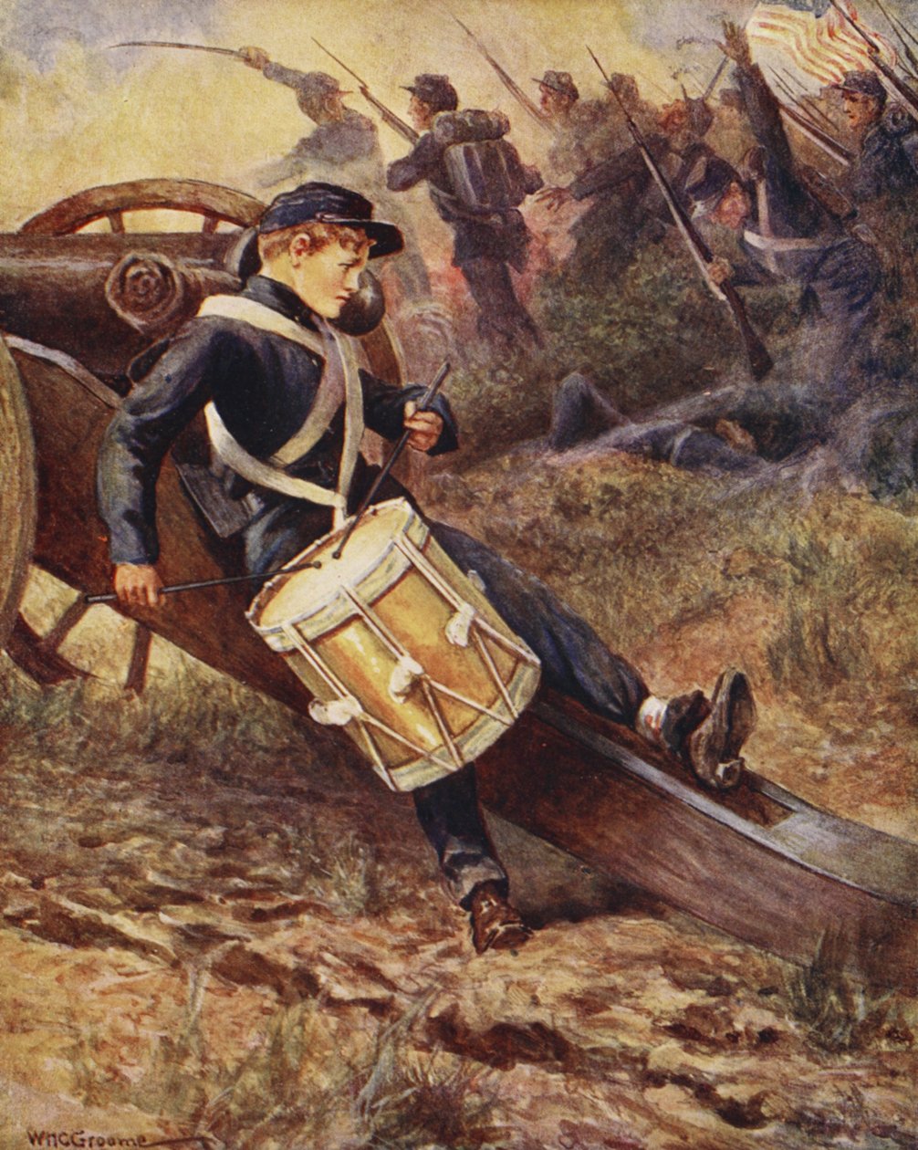 Ágyú mögé kúszott, és egyre sápadtabb lett, a Ballads of Famous Fights első kiadásából, 1920 alkotó: William Henry Charles Groome