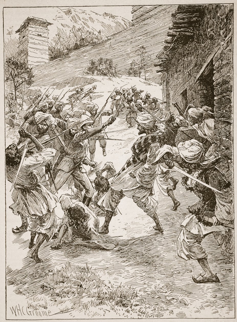 Harley hadnagy, negyven szikh és hatvan kasmíri élén, a házra rontott a bánya száján keresztül, illusztráció Archibald Forbes, G.A. Henty és a "Battles of the Nineteenth Century" című könyvéből. alkotó: William Henry Charles Groome