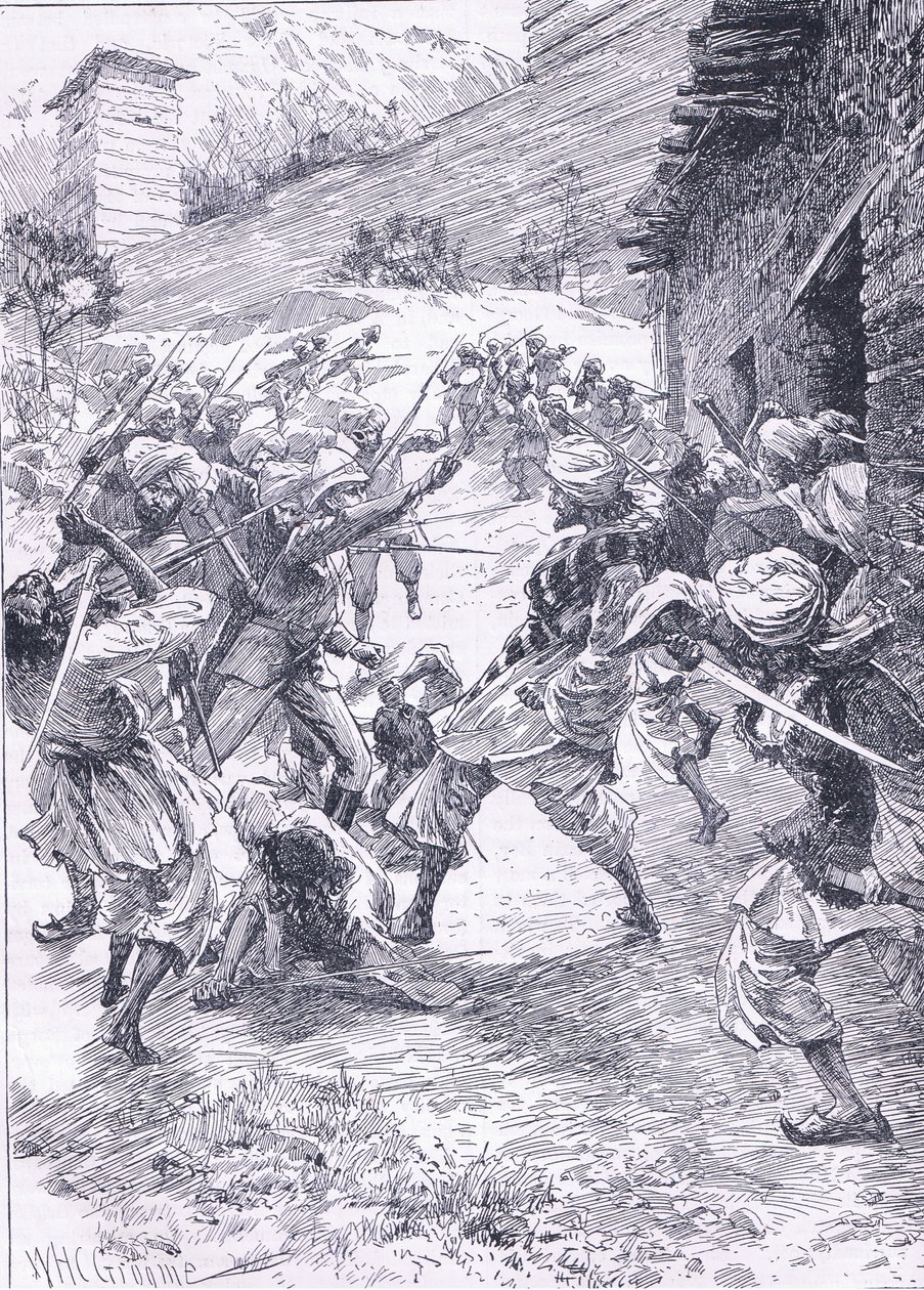Harley hadnagy vezeti a válogatást Fort Chitralból, illusztráció: Cassells History of England, 1900-as évek alkotó: William Henry Charles Groome