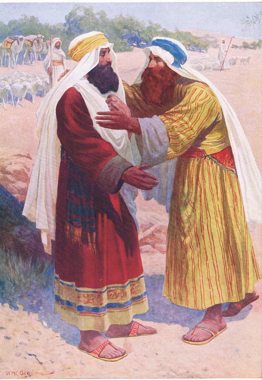 Jákob és Ézsau találkozása, a Thomas Nelson által kiadott Biblia Képeskönyvből, 1950 körül alkotó: William Henry Charles Groome
