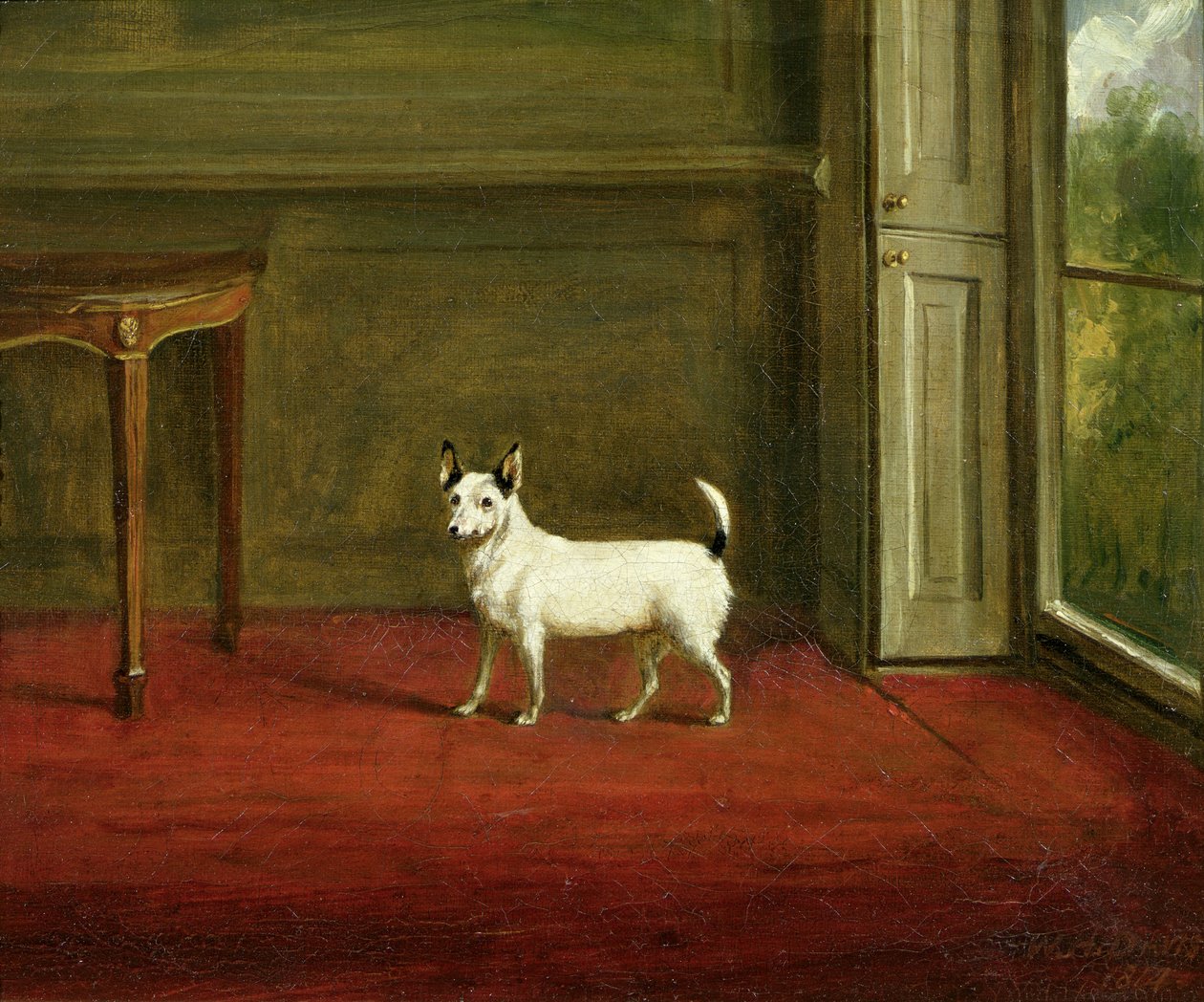 Egy Jack Russell terrier portréja (Regency enteriőrben) 1814 alkotó: William Henry Davis