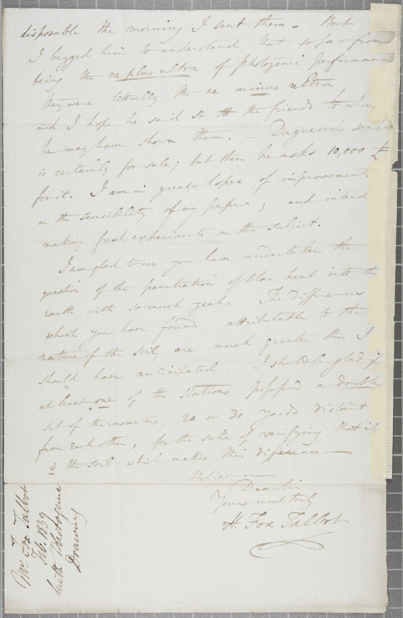 William Henry Fox Talbot aláírt levele James David Forbesnek, 1839 alkotó: William Henry Fox Talbot